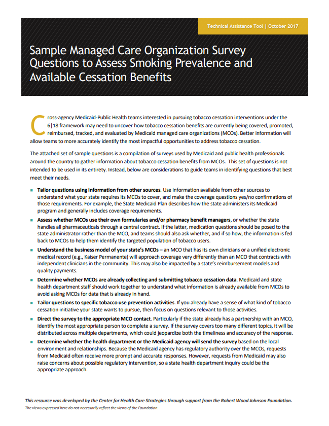 Sample Managed Care Organization Survey Questions To Assess Smoking Prevalence And Available Cessation Benefit Implementing Cdc S 6 18 Initiative A Resource Center
