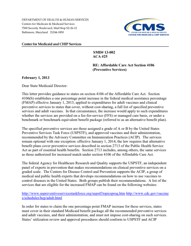 State Medicaid Director Letter 13002 Re Affordable Care Act Section