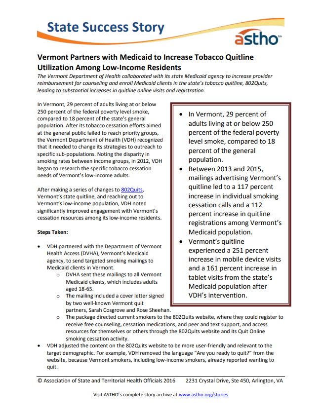 Vermont Partners with Medicaid to Increase Tobacco Quitline Utilization